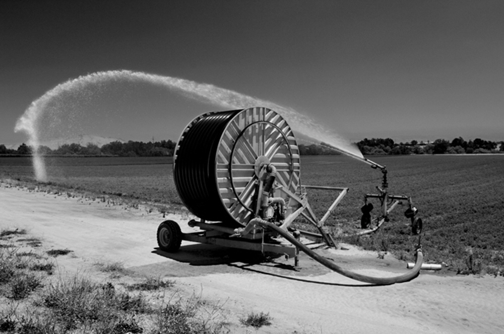 Many methods of irrigation are used along the Kings to preserve water, like this water canon near Reedley, Calif.
